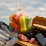Mixed plastic waste, cardboard, and electronics in a trash pile with a clear plastic bag of colorful bottles in the foreground