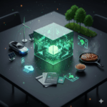 sleek, dark overhead shot of a table where various elements representing a personal carbon footprint audit are physically laid out, centered around a glowing green data cube.