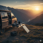 Off-grid power setup featuring three portable power stations and a foldable solar panel charging a laptop, drone, and devices at a remote mountain campsite during golden hour.