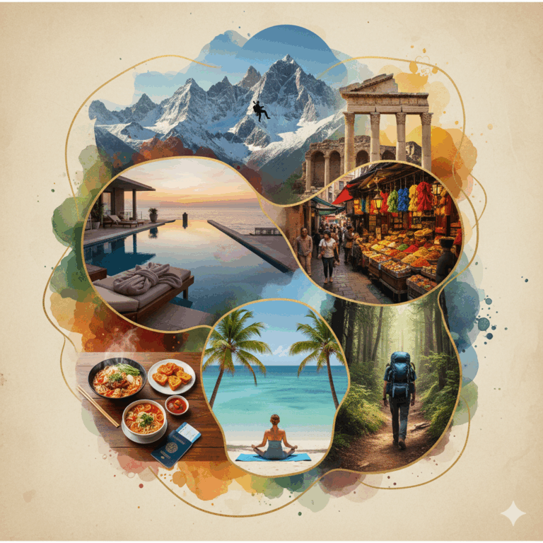 A collage of six travel scenes arranged in a watercolor-style circular flow, representing different traveler archetypes: a person paragliding over snowy mountains (Adventure), a luxury infinity pool overlooking the ocean (Luxury), ancient Roman ruins (Culture), a vibrant street market (Budget/Culture), a table with Asian food and a passport (Foodie), a person meditating on a tropical beach (Relaxation), and a person backpacking through a forest (Backpacker).